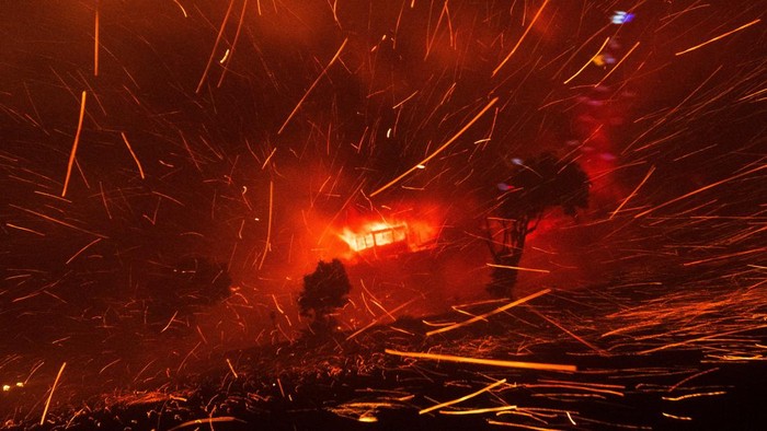 Potret Saat Bara Api Kebakaran Hutan Tertiup Angin Kencang A firefighter works to extinguish the fire as the wind whips embers during the Palisades Fire on the west side of Los Angeles, California, U.S. January 7, 2025. REUTERS/Ringo Chiu