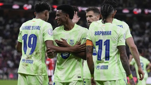Barcelona players celebrate a goal during the Spanish Super Cup semifinal match between Athletic Bilbao and Barcelona in Jeddah, Saudi Arabia, on Wednesday, Jan. 8, 2025. (AP Photo/Altaf Qadri)