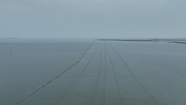 Penampakan pagar laut di pesisir Tangerang, Banten. (Dok. KKP)