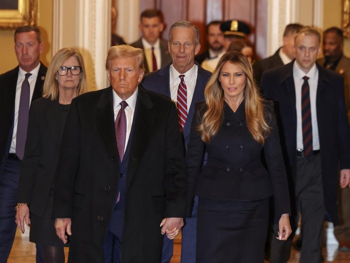 WASHINGTON, DC - JANUARY 08: U.S. President-elect Donald Trump and wife Melania Trump arrive at the U.S. Capitol on January 8, 2025 in Washington, DC. Trump is visiting Capitol Hill to pay his respects at the casket of late former U.S. President Jimmy Carter as he lies in state in the Capitol Rotunda and also to meet with Republican Senate members. (Photo by Tasos Katopodis/Getty Images)