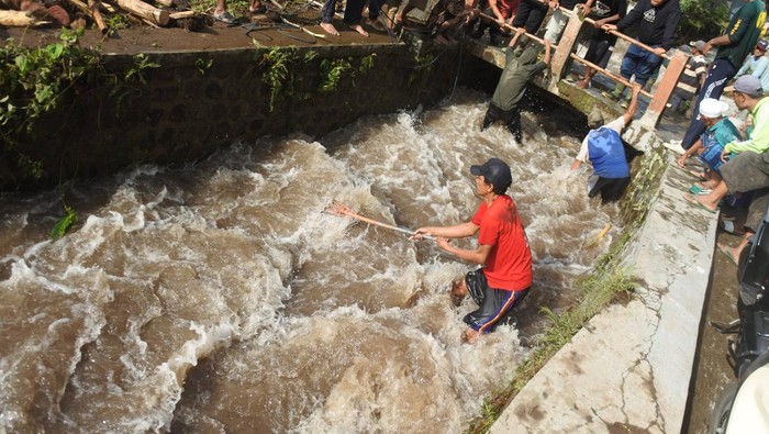 Sejumlah relawan membersihkan material batu dan kayu dampak banjir bandang yang menyumbat aliran sungai di Desa Gunungsari, Maesan, Bondowoso, Jawa Timur, Jumat (10/1/2025). Bencana banjir bandang yang terjadi Kamis (9/1) malam tersebut mengakibatkan 12 unit rumah warga rusak dan 30 kepala keluarga atau sekitar 200 jiwa terdampak. ANTARA FOTO/Seno/nym.