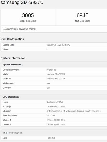 Benchmark Samsung Galaxy S25 Slim