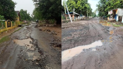 Kerusakan jalan kabupaten dan provinsi di Desa Kore, Kecamatan Sanggar, Kabupaten Bima, NTB, yang mirip dengan sungai, Jumat, (10/1/2025). (Dok. Warga)