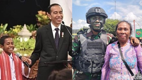 Kolase foto Johanes Andekala alias Joni saat bertemu Presiden Jokowi (kiri). Joni ditemani mamanya, Lorenza Kaili, saat upacara kelulusan Pendidikan Pertama Bintara TNI AD TA 2024 di Rindam IX/Udayana, Tabanan, Bali. (kanan). (Foto: Istimewa/detikBali)