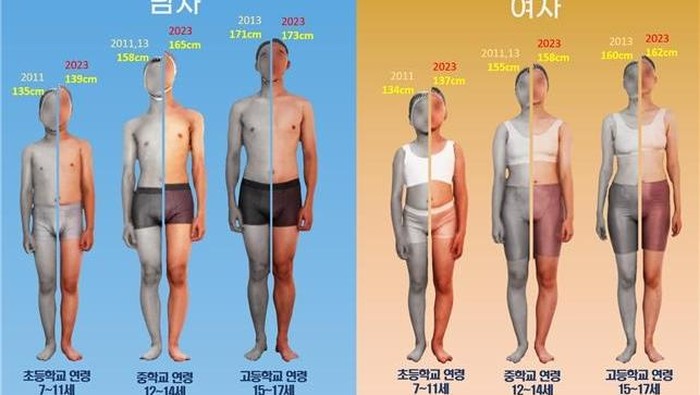 Gambar yang disediakan oleh KATS menunjukkan bagaimana siswa laki-laki dan perempuan di sekolah dasar, menengah, dan atas tumbuh lebih tinggi pada tahun 2023 dibandingkan dengan tahun 2013.