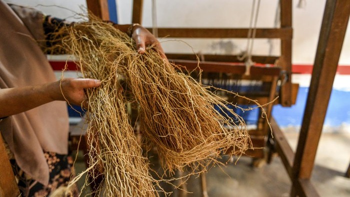 Perajin menenun kain dari bahan baku akar wangi di Rumah Tenun Rahayu Akar Wangi di Bayongbong, Jawa Barat, Sabtu (11/1/2025). Rumah tenun tersebut mampu memproduksi empat hingga lima meter kain perhari dengan harga Rp10 ribu hingga satu juta rupiah dan telah mengekspor olahan kain dari bahan baku akar wangi ke berbagai negara di Benua Amerika dan Asia. ANTARA FOTO/Raisan Al Farisi/YU