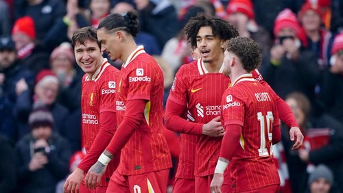 Liverpools Jayden Danns celebrates scoring their sides third goal of the game during the Emirates FA Cup third round match at Anfield, Liverpool. Picture date: Saturday January 11, 2025. (Photo by Peter Byrne/PA Images via Getty Images)