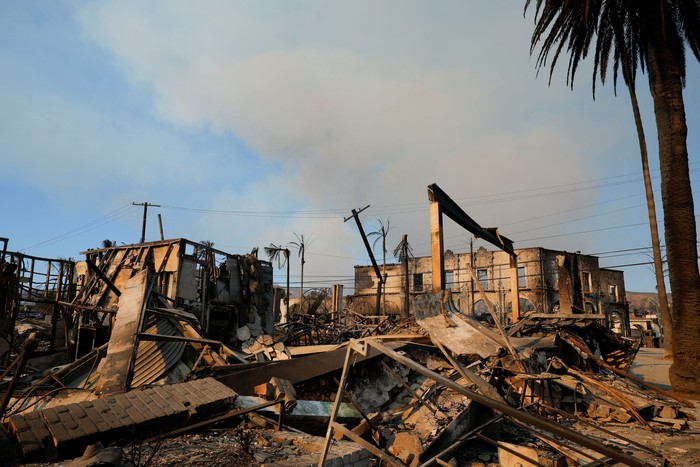 Burned properties following the Palisades Fire at the Pacific Palisades neighborhood in Los Angeles, California, U.S. January 10, 2025. REUTERS/Mike Blake
