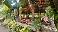 Begitu sampai, suasana asri bakal langsung terasa. Bangunan utamanya serupa joglo beratap tinggi yang dikelilingi sawah hingga pepohonan.