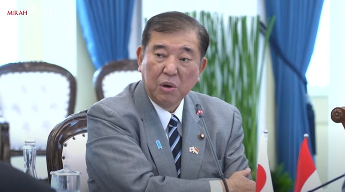 Perdana Menteri (PM) Jepang, Shigeru Ishiba, dalam pertemuan bilateral dengan Presiden Prabowo Subianto di Istana Bogor, Jawa Barat, Sabtu (11/1/2024).