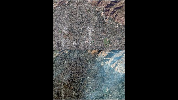 Gambar gabungan menunjukkan Altadena, California, sebelum (atas) dan sesudah (bawah) kebakaran, AS, 6 Januari 2025 dan 10 Januari 2025. (Maxar Technologies/Handout via REUTERS)