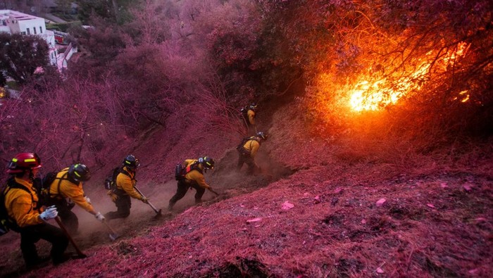 Kebakaran hutan melanda Los Angeles, California, Amerika Serikat. Hingga kini pemadam kebakaran terus berjuang untuk memadamkan api.