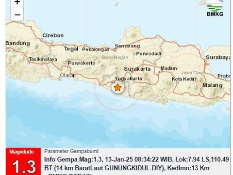 Gempa magnitudo 1,3 yang terjadi di Gunungkidul, Senin (13/1/2025) pagi.