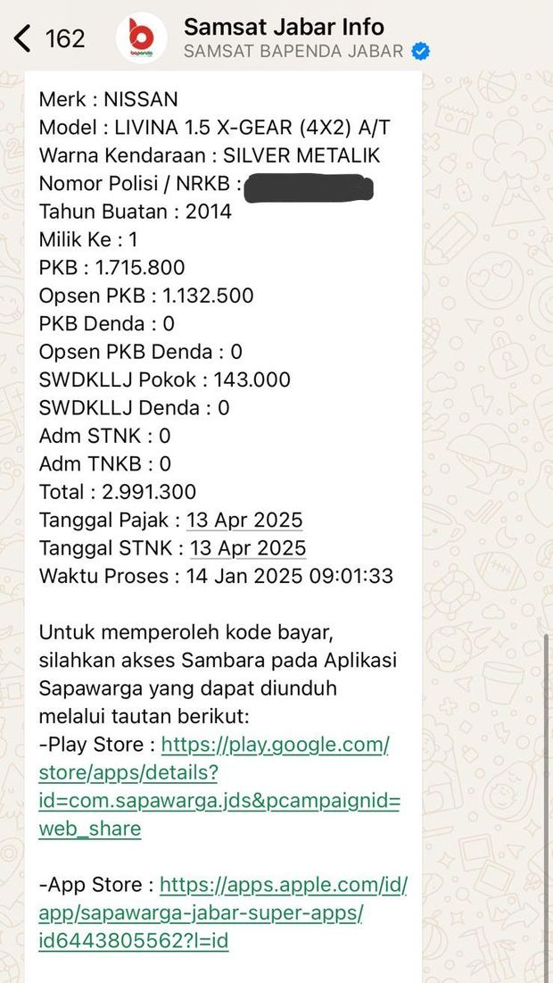 Cek pajak kendaraan lewat WhatsApp