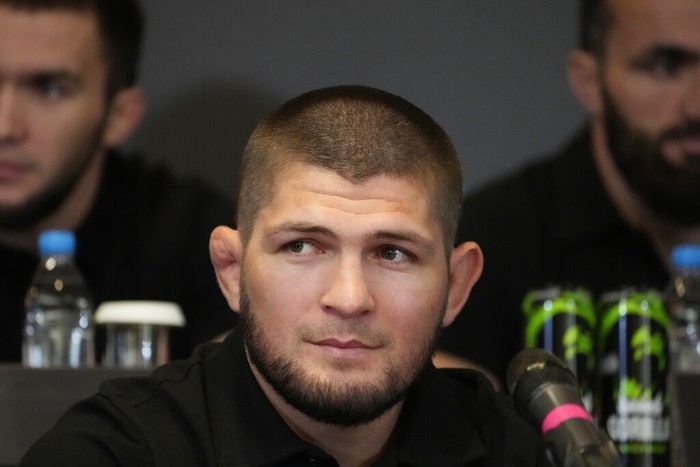 Russian UFC fighter Khabib Nurmagomedov speaks during a news conference in Moscow, Russia, Wednesday, Aug. 18, 2021. (AP Photo/Pavel Golovkin)