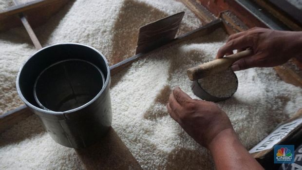 Pekerja menata beras di toko eceran beras di Kawasan Menteng Pulo, Jakarta, Selasa (14/1/2025). (CNBC Indonesia/Muhammad Sabki)