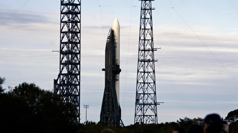 Blue Origin's New Glenn rocket stands ready for launch at Complex 36 at the Cape Canaveral Space Force Station, Monday, Jan. 13, 2025, in Cape Canaveral, Fla. Launch is scheduled for early Tuesday morning. (AP Photo/John Raoux)