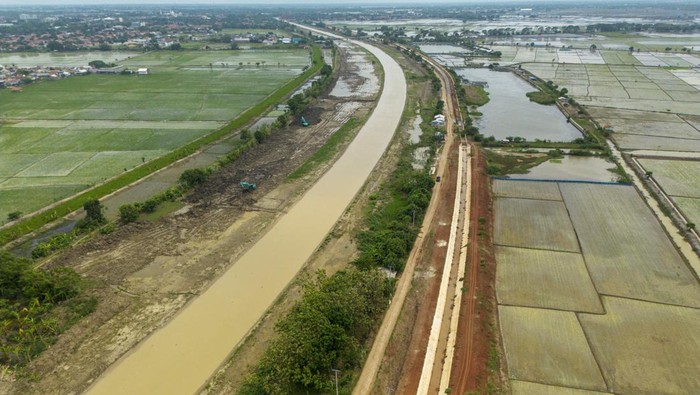 Foto udara petani menanam padi di sawah yang menggunakan sistem Irigasi Padi Hemat Air (IPHA) di kecamatan Sindang, Indramayu, Jawa Barat, Senin (13/1/2025). Menteri Pekerjaan Umum (PU) Dody Hanggodo mengatakan sistem irigasi padi hemat air (IPHA) akan diterapkan di seluruh Indonesia karena sistem ini mampu menghemat penggunaan air sebanyak 30 persen dan terbukti dapat meningkatkan produksi padi. ANTARA FOTO/Dedhez Anggara/YU