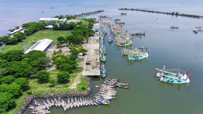 Foto udara perahu nelayan bersandar di Pelabuhan Muncar di Banyuwangi, Jawa Timur, Selasa (14/1/2025). Pelabuhan Muncar yang telah ada sejak zaman Kerajaan Blambangan tersebut merupakan pelabuhan perikanan terbesar di Pulau Jawa dan sekitar 13 ribu orang menggantungkan hidupnya sebagai nelayan di Muncar. ANTARA FOTO/Budi Candra Setya/tom.