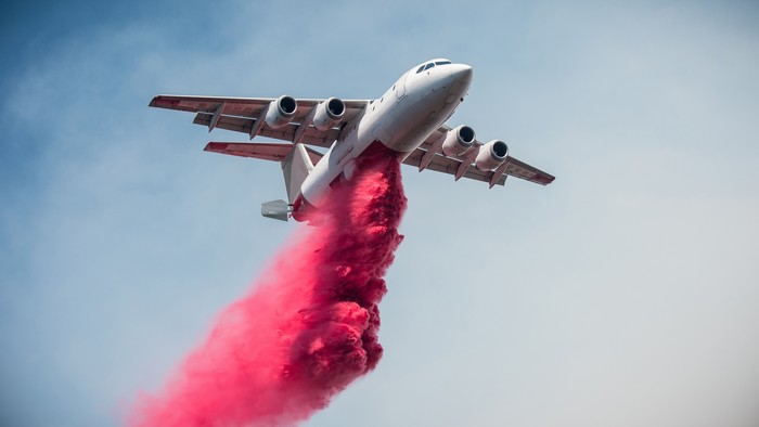 Cedar Fire aerial fire retardant operations on Black Mountain in the U.S. Department of Agriculture (USDA) Forest Service (FS) Sequoia National Forest, near Alta Sierra, CA, on Tuesday, August 23, 2016. USDA Photo by Lance Cheung. Original public domain image from Flickr