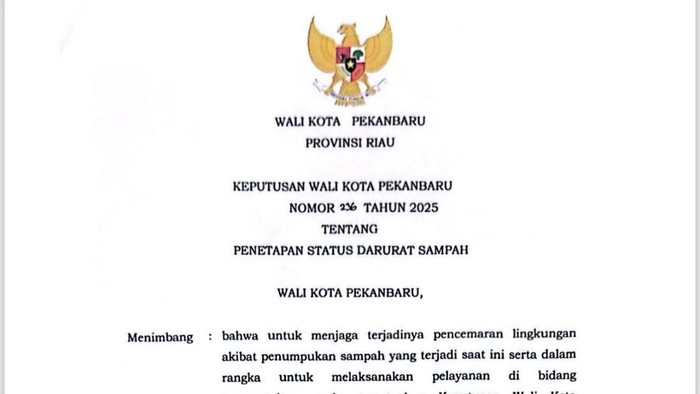 Tangkapan layar keputusan Pj Walkot Pekanbaru soal Ststus Darurat Sampah