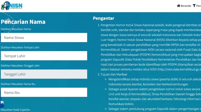 Halaman untuk mengecek NISN siswa.