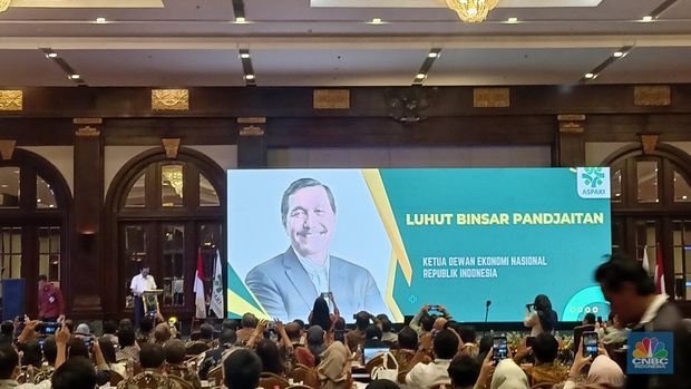 Ketua Dewan Ekonomi Nasional (DEN) Luhut Binsar Pandjaitan dalam Musyawarah Nasional (Munas) Asosiasi Produsen Alat Kesehatan Indonesia (ASPAKI) di Jakarta, Rabu (15/1/2024). (CNBC Indonesia/Ferry Sandi)