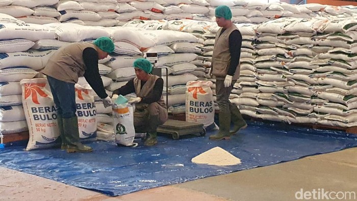 Petugas di gudang Bulog Kenten Palembang mengecek kualitas beras.