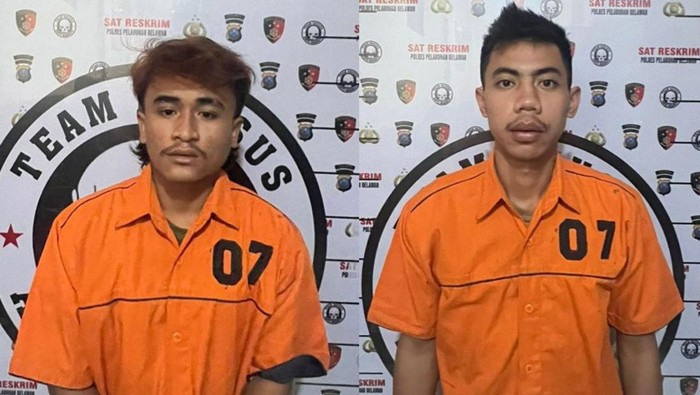 Teks foto: Kedua pelaku saat diamankan di kantor polisi. Foto: Dok. Polres Pelabuhan Belawan