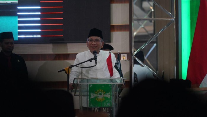 Gus Yahya membuka acara Kick Off Harlah NU ke-102 di Surabaya, Kamis (16/1/2025)