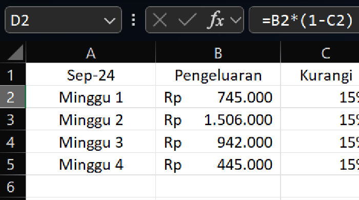 Ilustrasi hitungan pengurangan persen di Excel