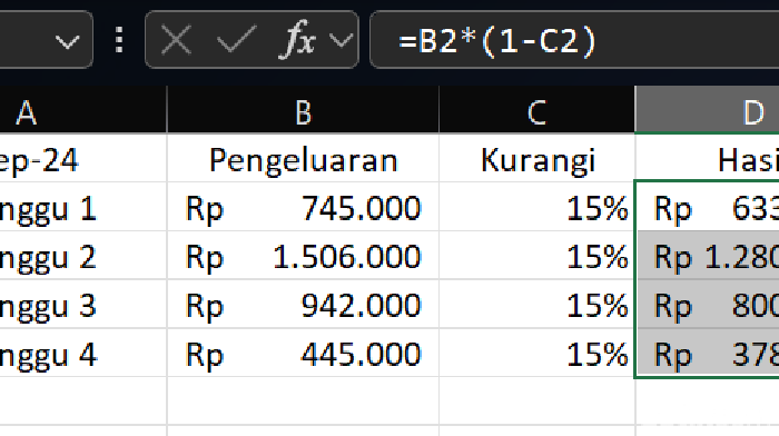 Ilustrasi hitungan pengurangan persen di Excel
