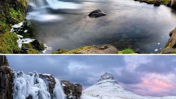 Aliran air terjun di Kirkjufell, Islandia, menjadi beku ketika datang musim salju. (Foto: Boredpanda)