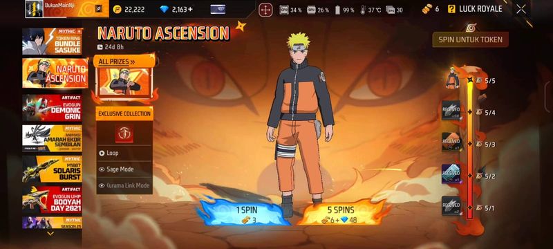 Ternyata tidak butuh banyak diamond untuk bisa memperoleh skin Naruto di Free Fire. Kira-kira habis berapa ya kalau harus gacha?