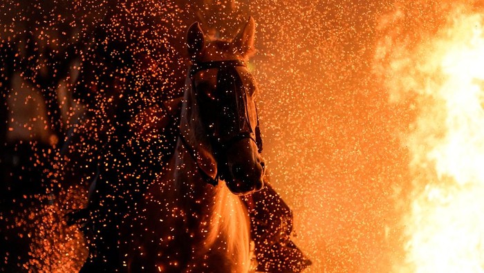 Aksi Mendebarkan Menunggang Kuda Lompati Api dalam Festival Las Luminarias A man rides a horse through flames during the annual