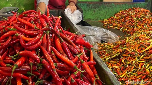 Pedagang menunjukkan Cabai yang Harganya Masih Pedas