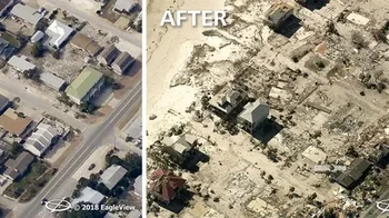 Area di Florida Panhandle sebelum dan sesudai terjangan badai Micaek oada 2018. Foto: Eagleview