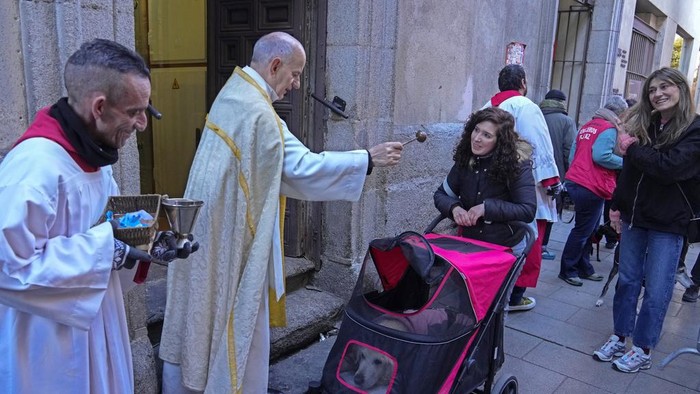 A dog is anointed by father Valentine during the feast of Saint Anthony, Spain's patron saint of animals at the San Anton church in Madrid, Spain, Friday, Jan. 17, 2025. (AP Photo/Paul White)