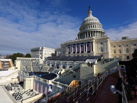 A general view shows the West Front of the U.S. Capitol building on the day it was announced U.S. President-elect Donald Trump's inauguration is being moved indoors due to dangerously cold temperatures expected on Monday, in Washington, U.S., January 17, 2025. REUTERS/Fabrizio Bensch Purchase Licensing Rights