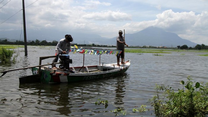 Banjir di Beji Pasuruan Warga menggunakan perahu untuk kembali ke rumahnya yang terendam banjir di Desa Kedungringin, Beji, Pasuruan, Jawa Timur, Minggu (19/1/2025). Hujan yang turun dengan intensitas cukup tinggi beberapa hari terakhir merendam sekitar 2.350 rumah di enam desa kecamatan beji, Pasuruan dengan ketinggian 40-60 cm sehingga menyebabkan aktivitas masyarakat terganggu. ANTARA FOTO/Umarul Faruq/nz