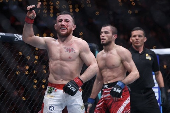 INGLEWOOD, CALIFORNIA - JANUARY 18: Merab Dvalishvili of Georgia reacts after the second round in a bantamweight title fight during UFC 311 at Intuit Dome on January 18, 2025 in Inglewood, California.   Harry How/Getty Images/AFP (Photo by Harry How / GETTY IMAGES NORTH AMERICA / Getty Images via AFP)