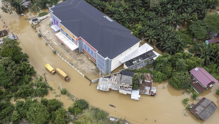 Jalan Lintas Sumatera Lumpuh Akibat Banjir di Jambi Foto udara sejumlah kendaraan terjebak kemacetan di Jalan Lintas Sumatera akibat banjir di Merlung, Tanjung Jabung Barat, Jambi, Senin (20/1/2025). Banjir akibat meluapnya Sungai Pengabuan di daerah itu menyebabkan jalan nasional yang menghubungkan Jambi dengan Riau itu lumpuh total sejak Minggu (19/1/2025) sore dengan ketinggian air mencapai 150 sentimeter. ANTARA FOTO/Wahdi Septiawan/rwa.
