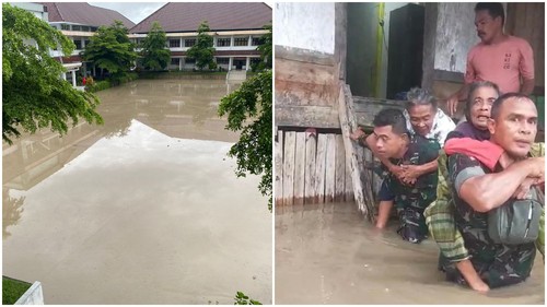 Kolase foto halaman Kantor Bupati Bima dan lansia diungsikan akibat banjir, Senin (20/1/2024) sore. (Istimewa)