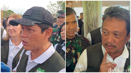 Menteri Lingkungan Hidup (LH) Hanif Faisol Nurofiq (kiri) dan  Menteri Kelautan dan Perikanan (KKP) Sakti Wahyu Trenggono (kanan).