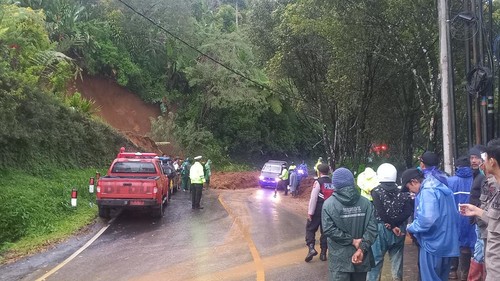 Tanah longsor di Jalan Raya Singaraja-Denpasar km 17, tepatnya di Banjar Dinas Wirabuana, Desa Gitgit, Kecamatan Sukasada, Buleleng, Bali, Senin (20/1/2025). (Wijaya Kusuma/detikBali)