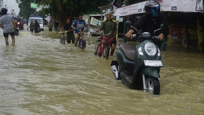 Warga menuntun kendaraannya melintasi banjir di Kebonharjo, Patebon, Kendal, Jawa Tengah, Selasa (21/1/2025). Ribuan rumah di 7 desa yang tersebar di 4 kecamatan di kabupaten Kendal terendam banjir akibat jebolnya tanggul Kali Bodri. ANTARA FOTO/Anis Efizudin/rwa.