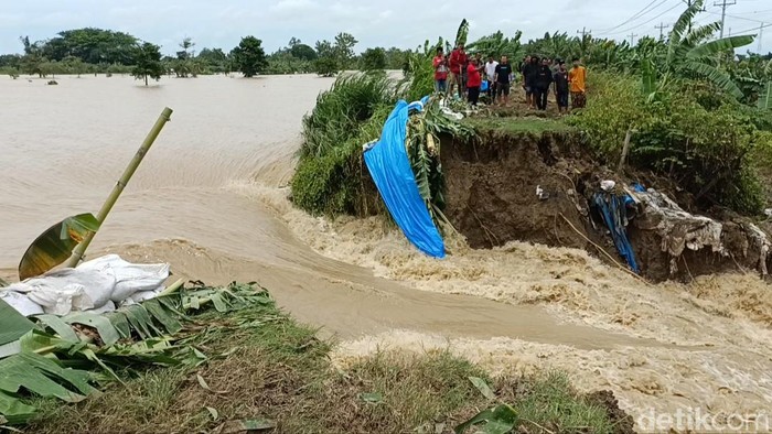 Jalan Semarang-Purwodadi tutup akibat banjir jebolan tanggul di Kebonagung, Demak, Selasa (21/1/2025).