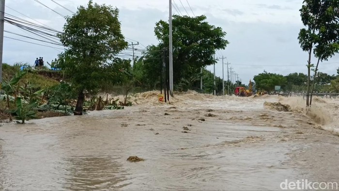 Jalan Semarang-Purwodadi tutup akibat banjir jebolan tanggul di Kebonagung, Demak, Selasa (21/1/2025).