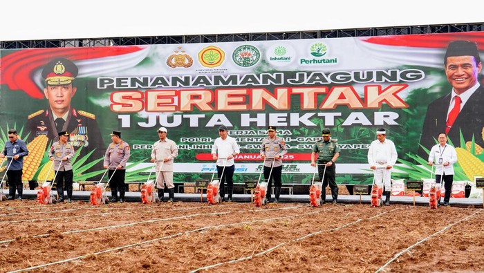 Kapolri Jenderal Listyo Sigit Prabowo bersama Menteri Pertanian Andi Amran Sulaiman melaksanakan kegiatan penanaman jagung serentak 1 juta hektar untuk menyukseskan swasembada pangan 2025. Foto: Dok. Istimewa.