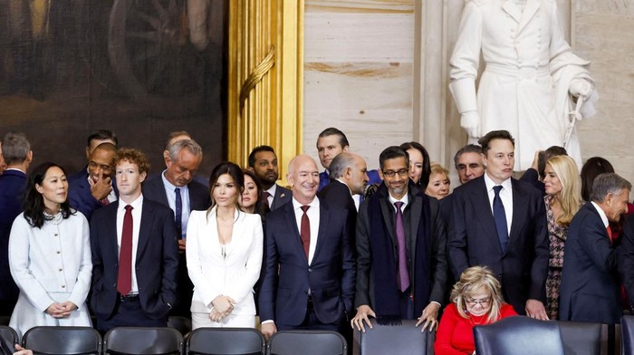 (L-R) Priscilla Chan, Meta CEO Mark Zuckerberg, Lauren Sanchez, businessman Jeff Bezos, Sundar Pichai, and businessman Elon Musk, among other dignitaries, attend Donald Trump’s inauguration as the next President of the United States in the rotunda of the United States Capitol in Washington, DC, USA, 20 January 2025. Trump, who defeated Kamala Harris, is being sworn in today as the 47th president of the United States, though the planned outdoor ceremonies and events have been cancelled due to a forecast of extreme cold temperatures. SHAWN THEW/Pool via REUTERS